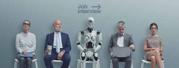 4 human are sitting in awaiting room for an interview. in the center is a robot waiting for an interview too.