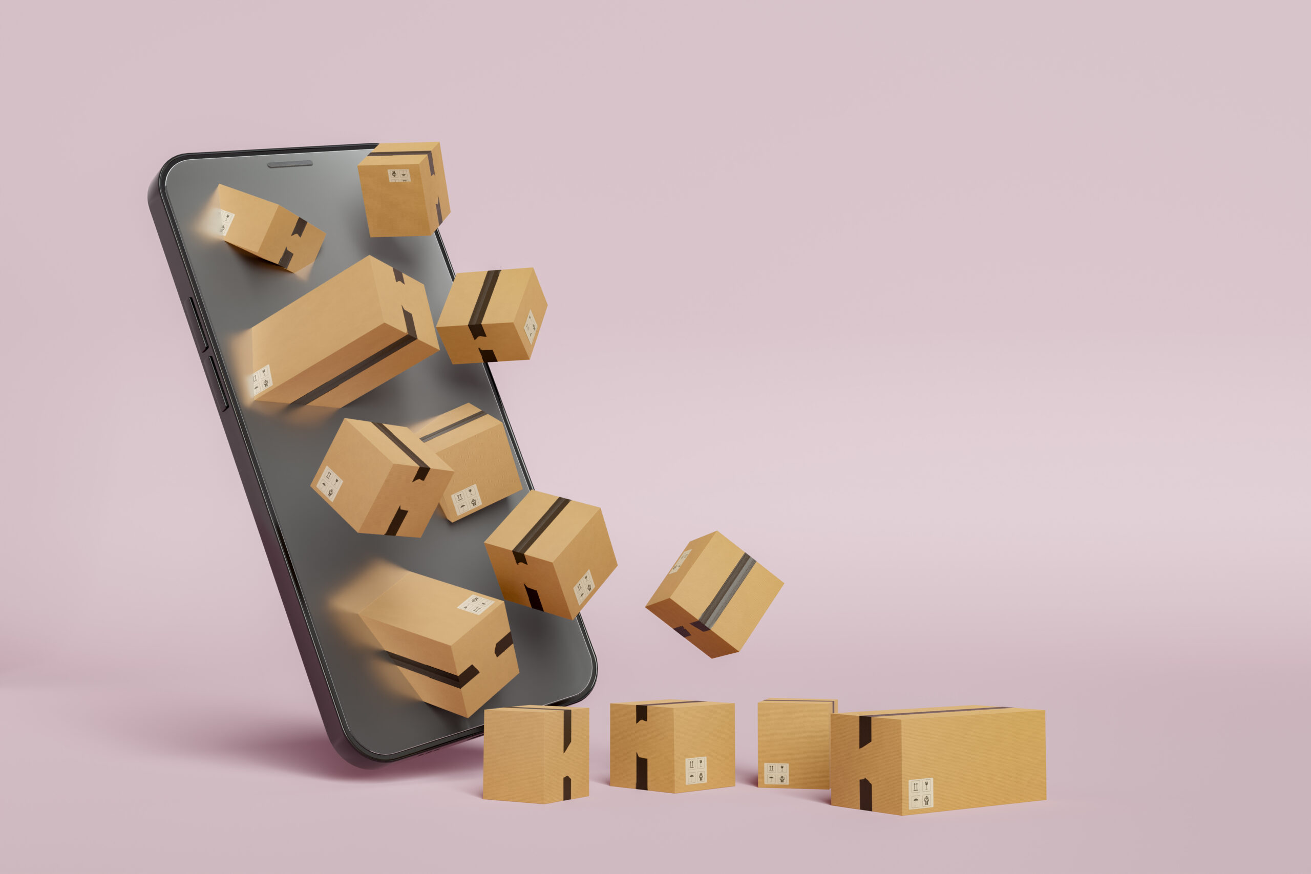 3D illustration of a smartphone with cardboard boxes emerging from it, set against a pink background.