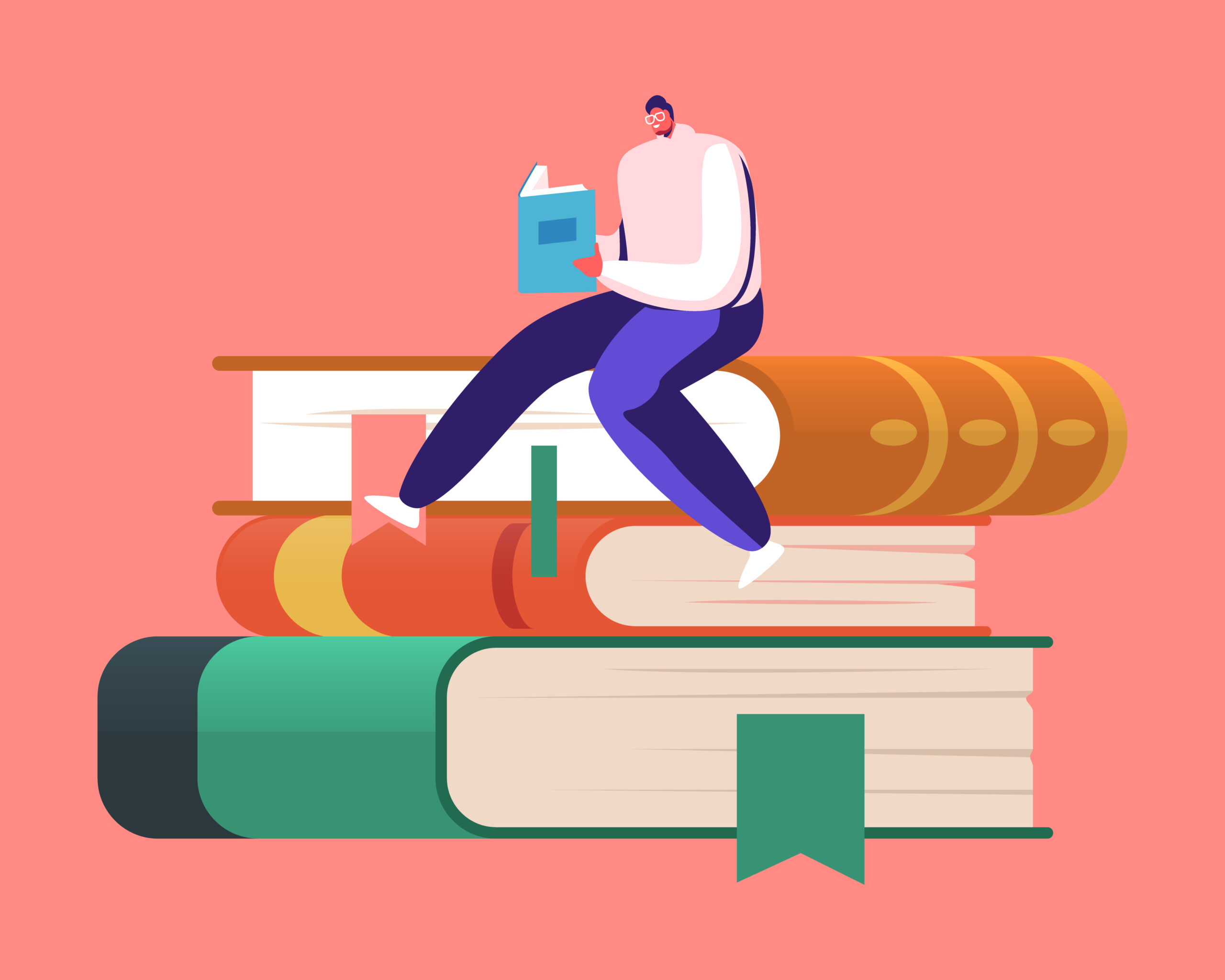 A man sits atop a tall stack of books, looking contemplative and surrounded by a cozy reading environment.