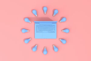 3d rendering of laptop around with circle light bulb. Minimal concept.