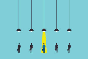 Business hiring and recruitment vector concept with spotlight on one person from crowd. Career opportunity symbol