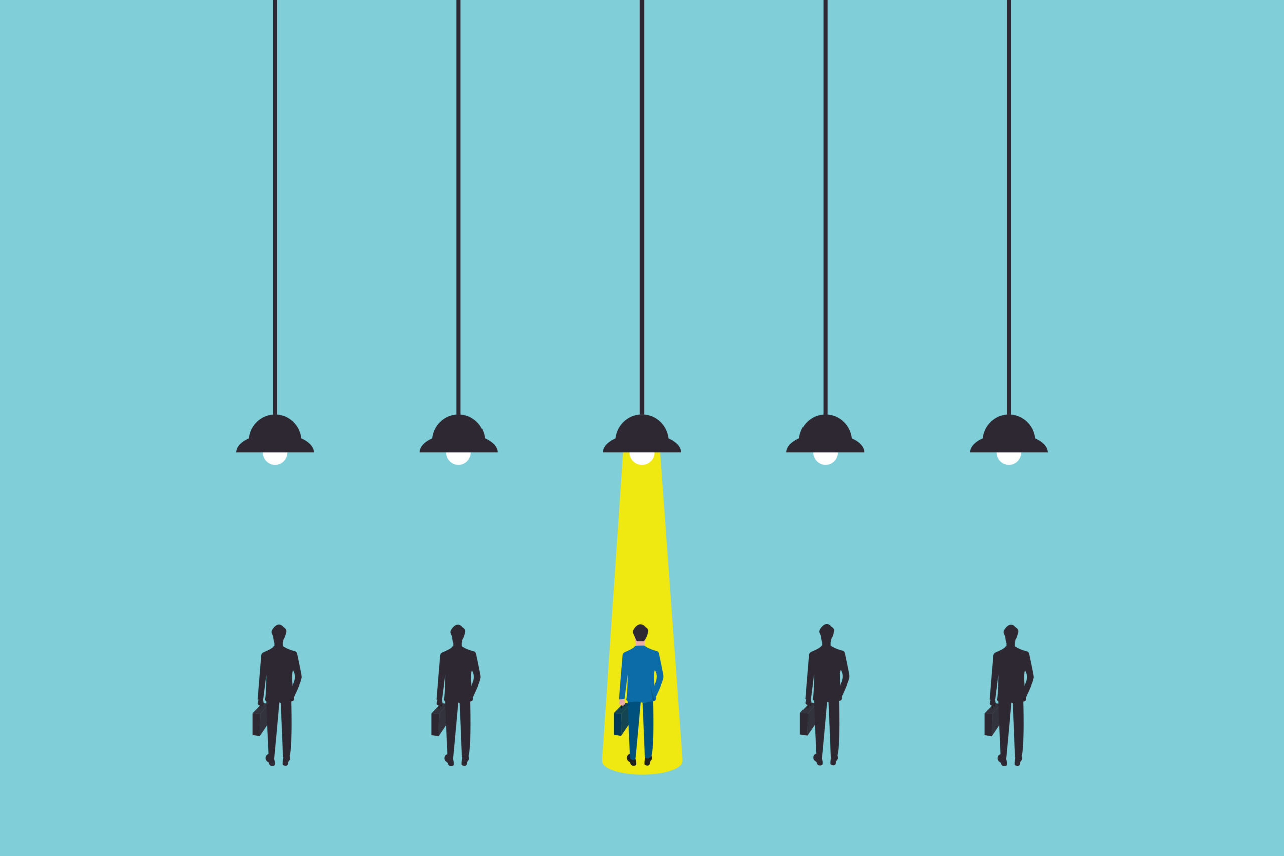 Business hiring and recruitment vector concept with spotlight on one person from crowd. Career opportunity symbol