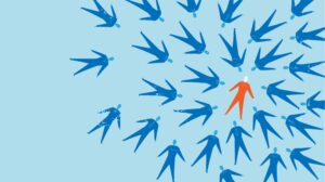A red man stands confidently among other men who are blue, highlighting his distinct presence in the vibrant scene.