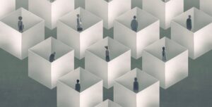 Lonely people in the city. conceptual artwok. surreal painting.