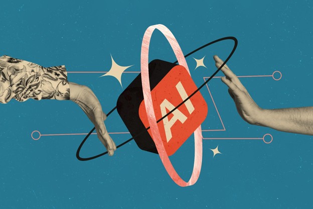 two hands facing opposite directions on the left and right side. there is a red box labeled AI with a ring around it. the background is teal