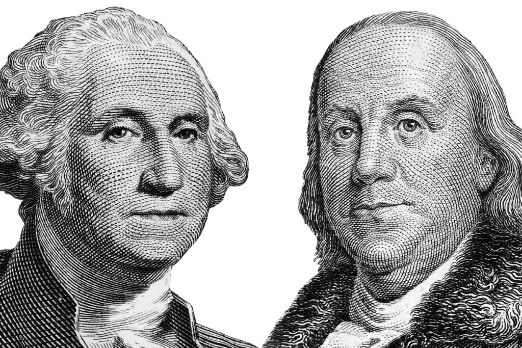 US presidents George Washington, Benjamin Franklin , portraits from US dollar bills isolated, United States money closeup