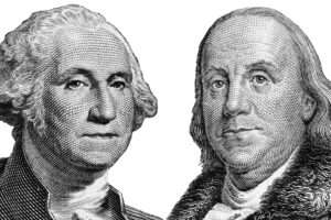 US presidents George Washington, Benjamin Franklin , portraits from US dollar bills isolated, United States money closeup