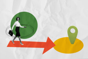 In red shirt. Group of people at business conference in modern classroom at daytime