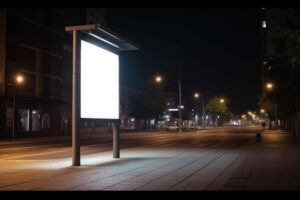 An empty billboard illuminated by streetlights on a quiet street at night.