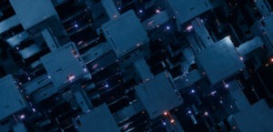 3D Rendering of abstract blocky shape with glowing led lights. Concept for digital data, block chain network, machine learning, ai process, technology