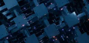3D Rendering of abstract blocky shape with glowing led lights. Concept for digital data, block chain network, machine learning, ai process, technology