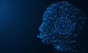 Voice automated robot assistant. Artificial intelligence communicates and answers calls using a headset. Polygonal construction of lines and points. Blue background.