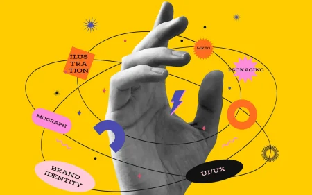 hand in the center with yellow background.