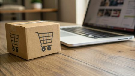 Ecommerce marketplace, business tech online shopping. Brown delivery box next to a laptop on a wooden table, symbolizing online shopping.