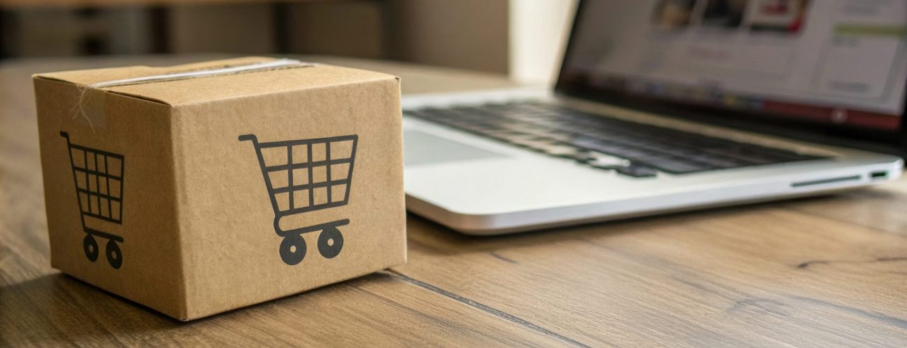Ecommerce marketplace, business tech online shopping. Brown delivery box next to a laptop on a wooden table, symbolizing online shopping.
