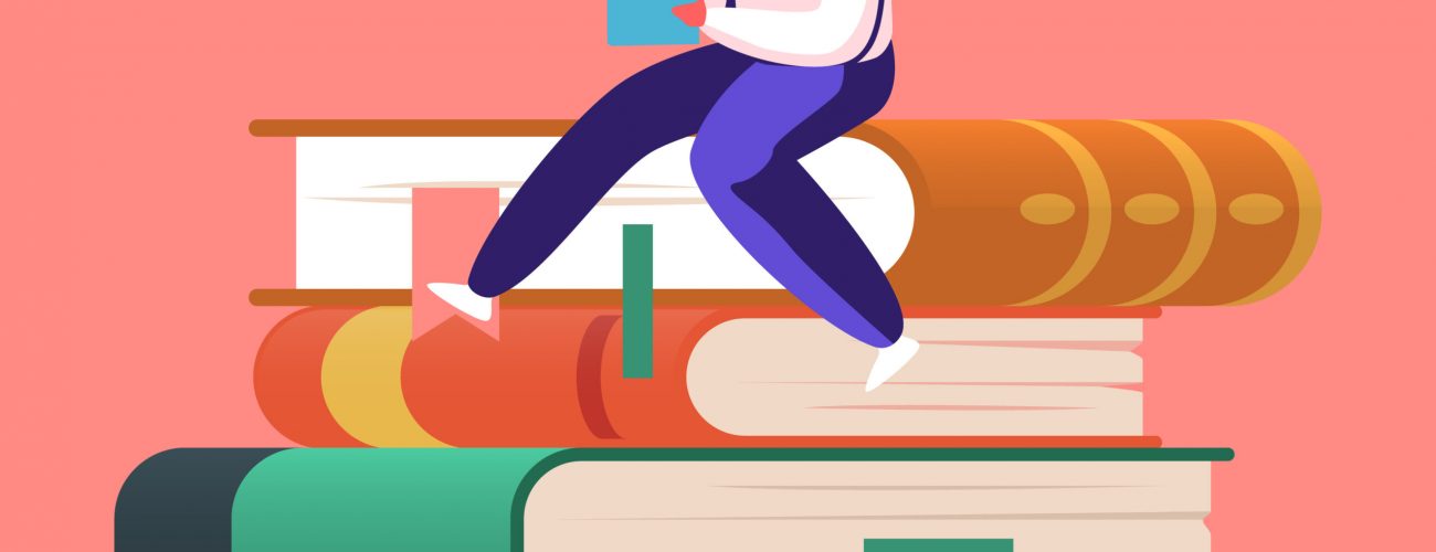 A man sits atop a tall stack of books, looking contemplative and surrounded by a cozy reading environment.