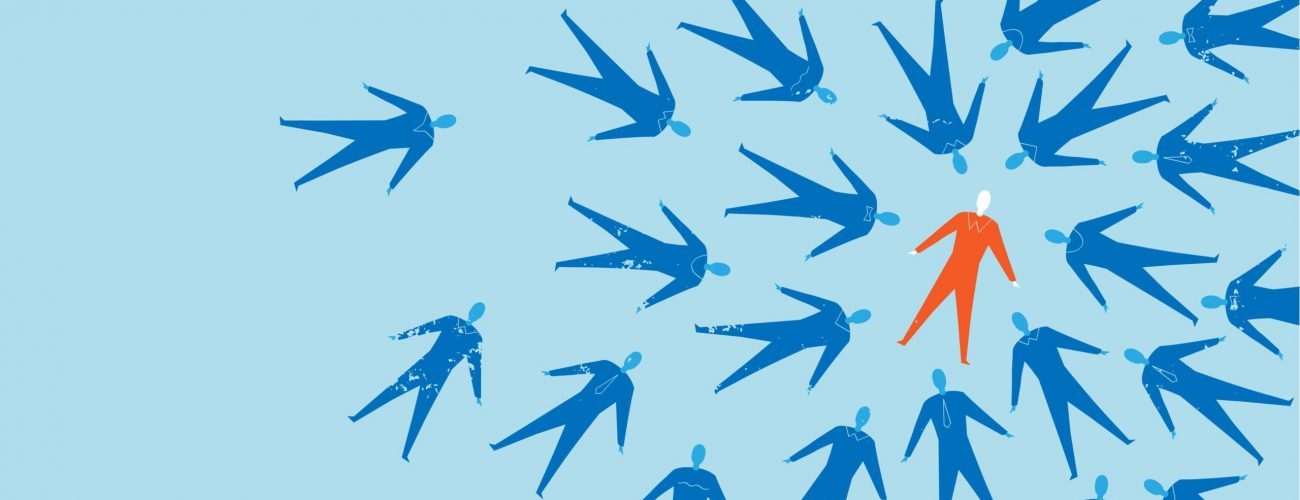 A red man stands confidently among other men who are blue, highlighting his distinct presence in the vibrant scene.