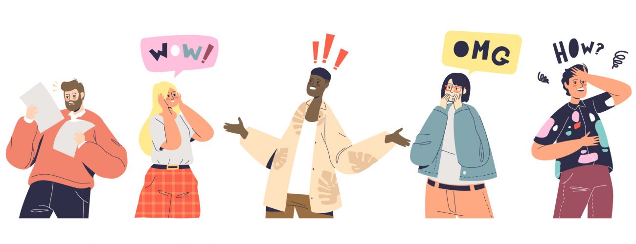 Shock and surprise reactions set. Excited and frustrated cartoon characters emotions