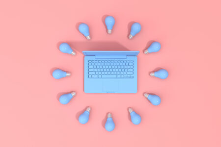 3d rendering of laptop around with circle light bulb. Minimal concept.