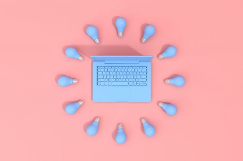 3d rendering of laptop around with circle light bulb. Minimal concept.
