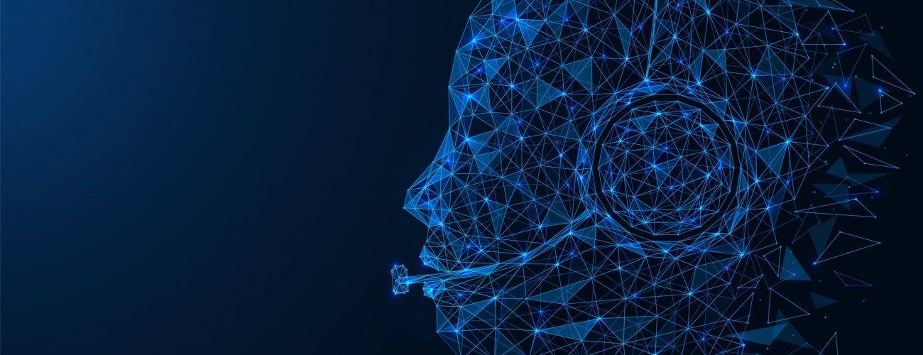 Voice automated robot assistant. Artificial intelligence communicates and answers calls using a headset. Polygonal construction of lines and points. Blue background.