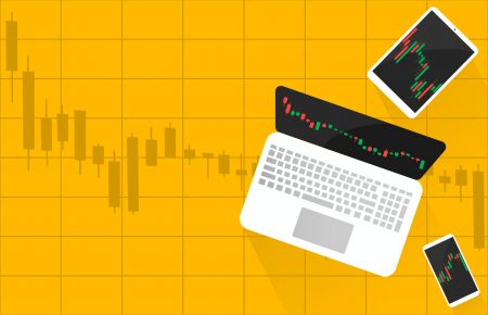 Laptop, tablet, smartphone with candlestick stocks market trading graph on screen,young money investing concepts,internet earning cash study,buy and sell sign figures, vector illustration