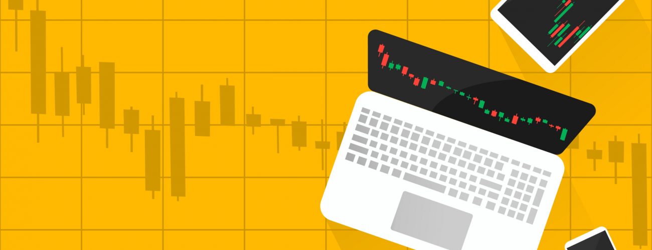 Laptop, tablet, smartphone with candlestick stocks market trading graph on screen,young money investing concepts,internet earning cash study,buy and sell sign figures, vector illustration