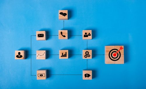 BUSINESS strategy and action PLAN.Chart with keywords and icons process for work target.Wood cube block stacking with icon step by step on blue background.