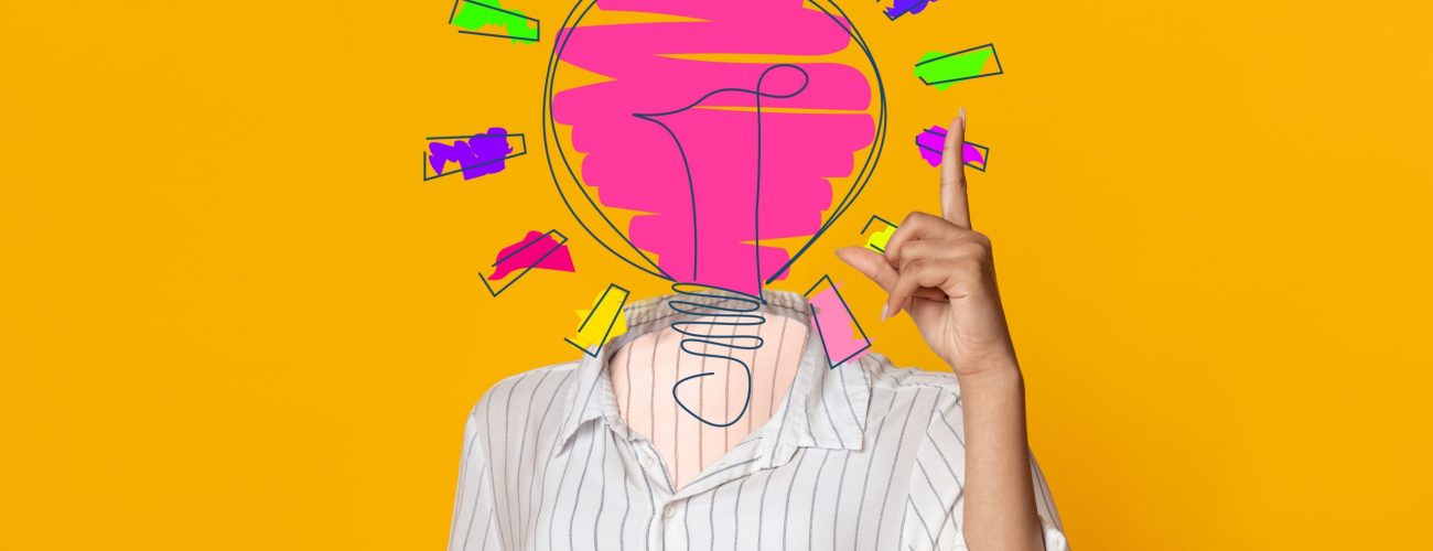 Creative ideas and innovations. Young lady with light bulb instead of her head pointing upwards, having aha moment