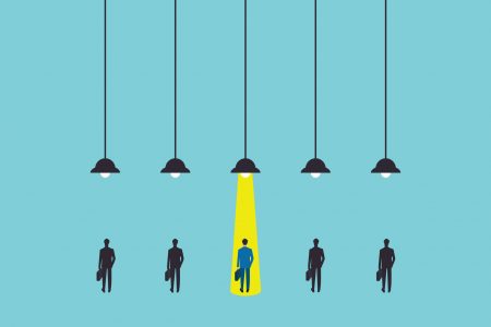 Business hiring and recruitment vector concept with spotlight on one person from crowd. Career opportunity symbol