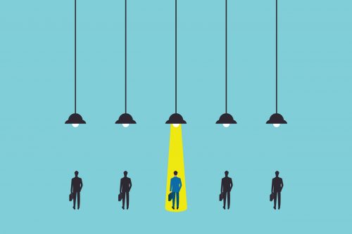Business hiring and recruitment vector concept with spotlight on one person from crowd. Career opportunity symbol
