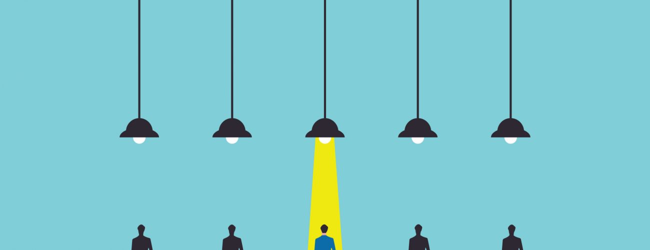 Business hiring and recruitment vector concept with spotlight on one person from crowd. Career opportunity symbol