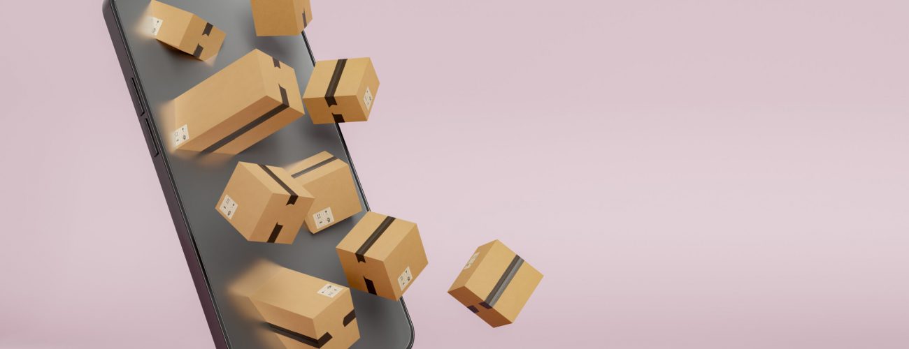 mobile phone with shipping boxes coming out of its screen 3D illustration of a smartphone with cardboard boxes emerging from it, set against a pink background.
