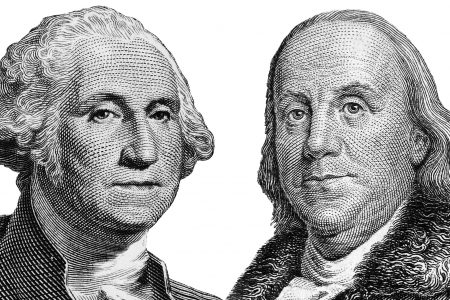 US presidents George Washington, Benjamin Franklin , portraits from US dollar bills isolated, United States money closeup