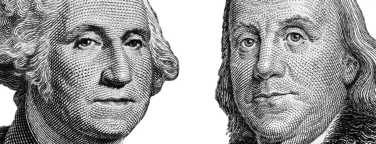 US presidents George Washington, Benjamin Franklin , portraits from US dollar bills isolated, United States money closeup