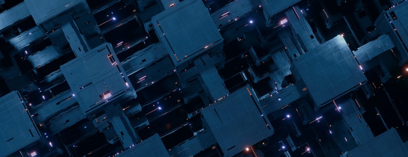 3D Rendering of abstract blocky shape with glowing led lights. Concept for digital data, block chain network, machine learning, ai process, technology