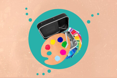 illustration collage of suitcase bag vinyl player palette instead of vinyl record isolated on beige color background