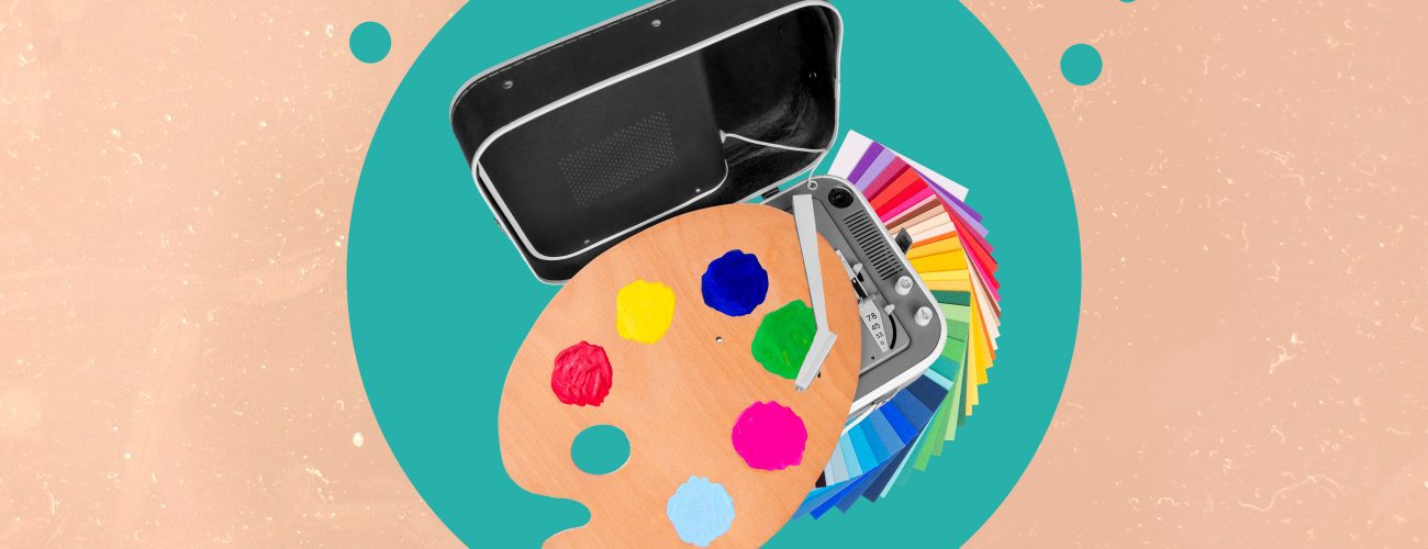 illustration collage of suitcase bag vinyl player palette instead of vinyl record isolated on beige color background