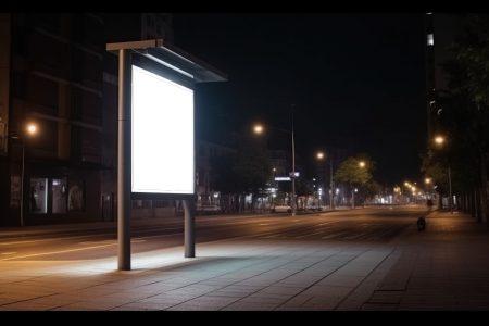 An empty billboard illuminated by streetlights on a quiet street at night.