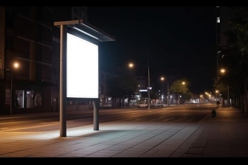 An empty billboard illuminated by streetlights on a quiet street at night.
