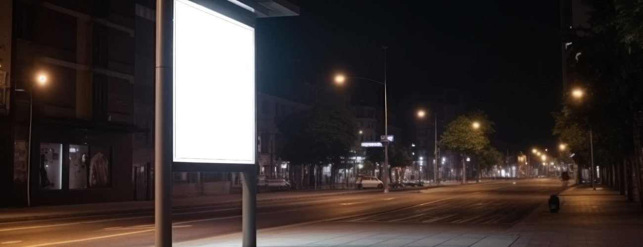 An empty billboard illuminated by streetlights on a quiet street at night.