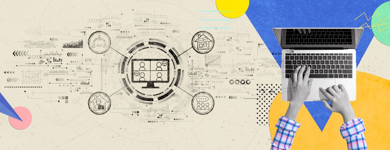 Online meeting theme with person using a laptop computer - Photo collage design