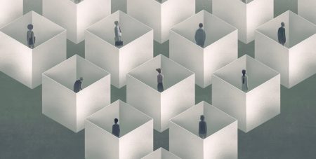 Lonely people in the city. conceptual artwok. surreal painting.