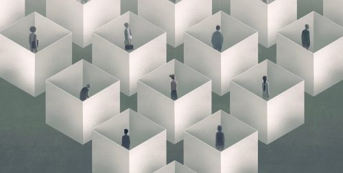 Lonely people in the city. conceptual artwok. surreal painting.