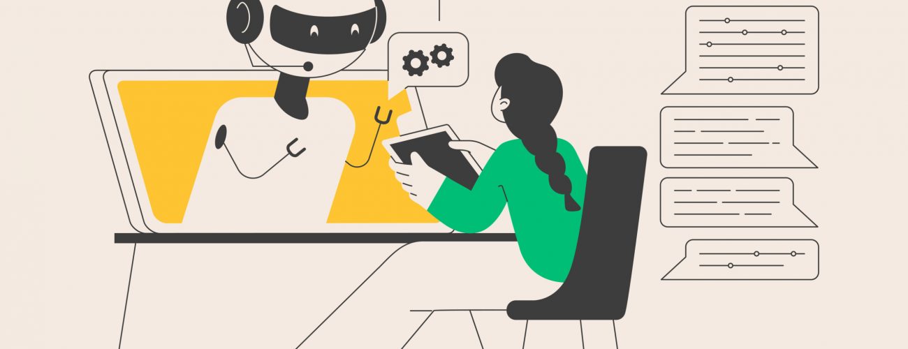 A woman sits at a desk, looking at a computer screen displaying a robot.