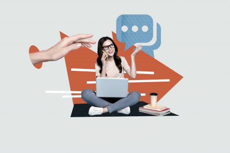 Creative template graphics collage image of dreamy lady working communicating modern gadgets isolated grey color background.