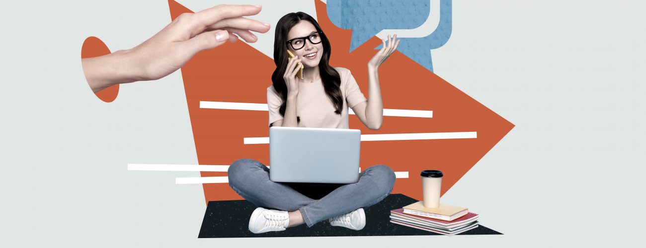 Creative template graphics collage image of dreamy lady working communicating modern gadgets isolated grey color background.