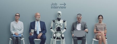 4 human are sitting in awaiting room for an interview. in the center is a robot waiting for an interview too.