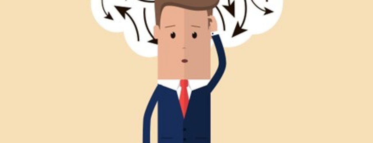 A confused looking animated man is wearing a blue suit and red tie. He is scratching his head with one hand and holding a briefcase in the other. Around is head is a white cloud with black arrows pointing in different directions.