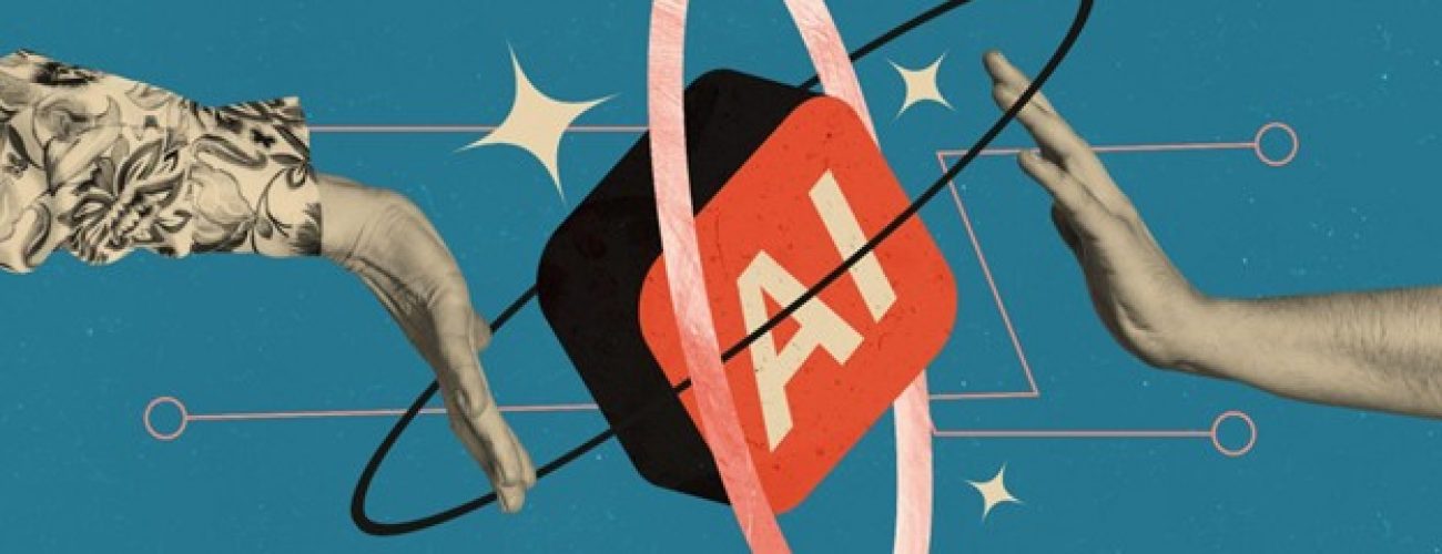 two hands facing opposite directions on the left and right side. there is a red box labeled AI with a ring around it. the background is teal